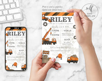 PDF ~ DIY Construction Truck Birthday Invitation, Dump Truck, Cement Truck & Baco Watercolour Design (5x7)