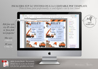 PDF ~ DIY Construction Truck Birthday Invitation, Dump Truck, Cement Truck & Baco Watercolour Design (5x7)