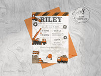 PDF ~ DIY Construction Truck Birthday Invitation, Dump Truck, Cement Truck & Baco Watercolour Design (5x7)