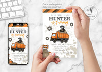 PDF ~ DIY Construction Truck Birthday Invitation, Dump Truck, Cement Truck & Baco Watercolour Design (5x7)