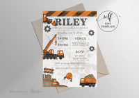 PDF ~ DIY Construction Truck Birthday Invitation, Dump Truck, Cement Truck & Baco Watercolour Design (5x7)