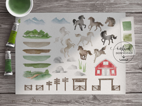 PNG → Barnyard & Horses Watercolour Clipart (Commercial Use Included)