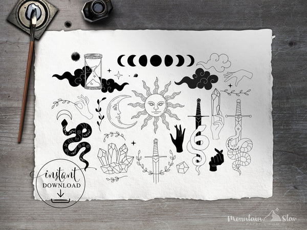 png • svg • eps • dxf → Celestial Clipart Graphics Set; Zodiac, Snakes, Mystic Hands, Gems, Swords, Sun & Moon (Free for commercial use)