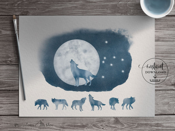 PNG → Lone Wolf Moon & Dark Watercolour Night Sky  (Free for commercial use included)
