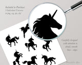 png • svg • eps • dxf → Unicorn Clipart Graphics Set, 9 Unicorn Silhouettes + Bonus Glitter & Shimmer PNG (Free for commercial use included)