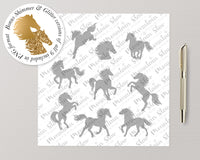 png • svg • eps • dxf → Horses Clipart Graphics Set, 9 Horse Silhouettes + Bonus Glitter & Shimmer PNG (Free for commercial use included)