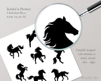 png • svg • eps • dxf → Horses Clipart Graphics Set, 9 Horse Silhouettes + Bonus Glitter & Shimmer PNG (Free for commercial use included)