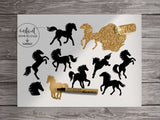 png • svg • eps • dxf → Horses Clipart Graphics Set, 9 Horse Silhouettes + Bonus Glitter & Shimmer PNG (Free for commercial use included)