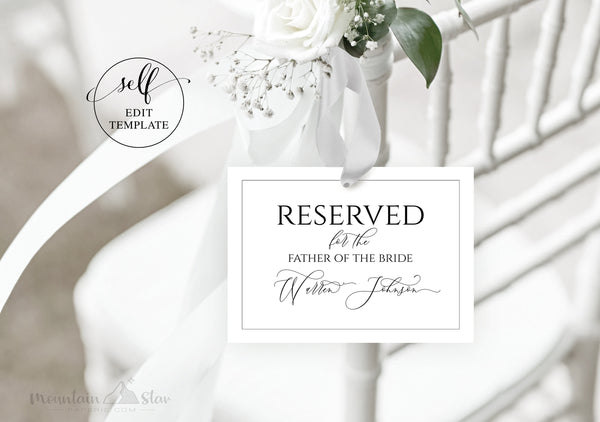 DIY ~ Reserved Seating Wedding Ceremony Chair Tag Template 7x5"
