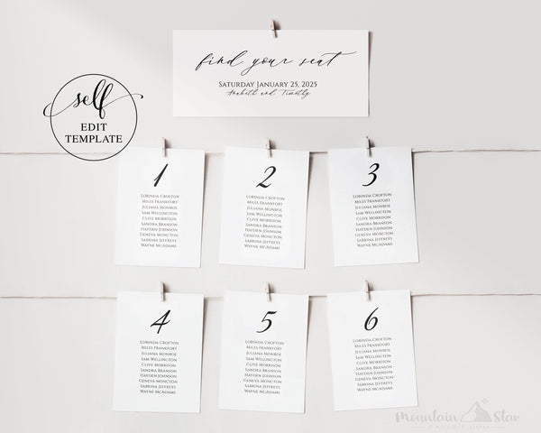 DIY Seating Chart Sign, Customize Self Edit, Wedding Reception Seating Plan (4x6 and 5x7 ~ both sizes included)