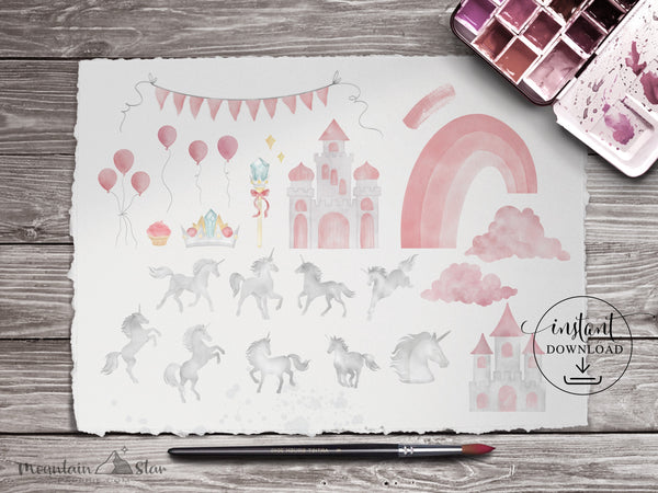 PNG → Unicorn Watercolour Graphics Set (Free for commercial use included)