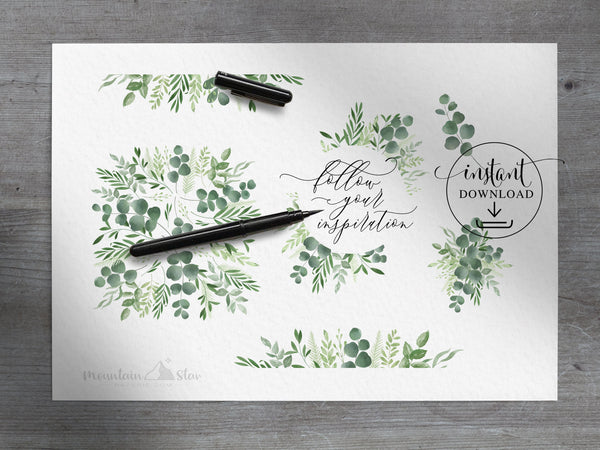 PNG → Leafy Eucalyptus Watercolour Graphics Set of 8 Elements (Free for commercial use included)