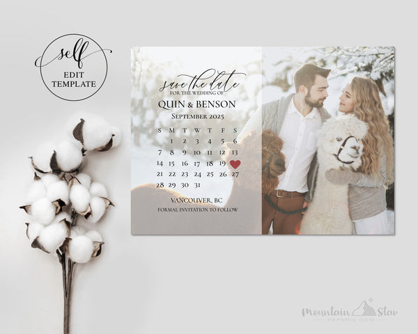DIY ~ Calendar Photo Card Save The Date, Self Print Template, Photocard Save the Date, Digital or Print Save the Date