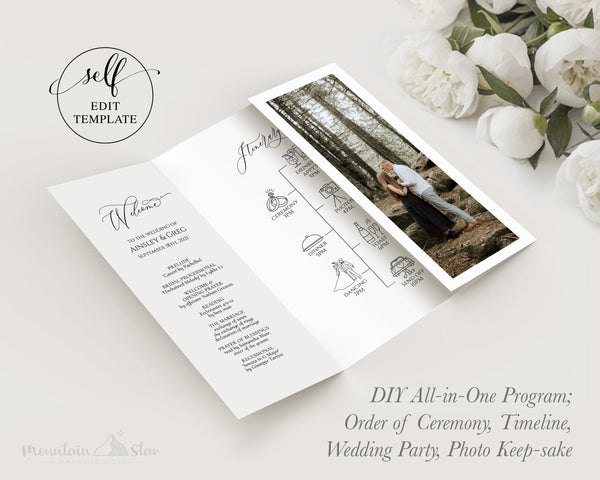 DIY ~ All-in-One Gate Fold Program; Order of Ceremony, Timeline Itinerary, Wedding Party List, Message / Thank you to Guests & Parents