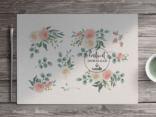 PNG → Rustic Roses Watercolour Graphics Set of 10 Elements, Pastel Rose Bouquets (Free for commercial use included)