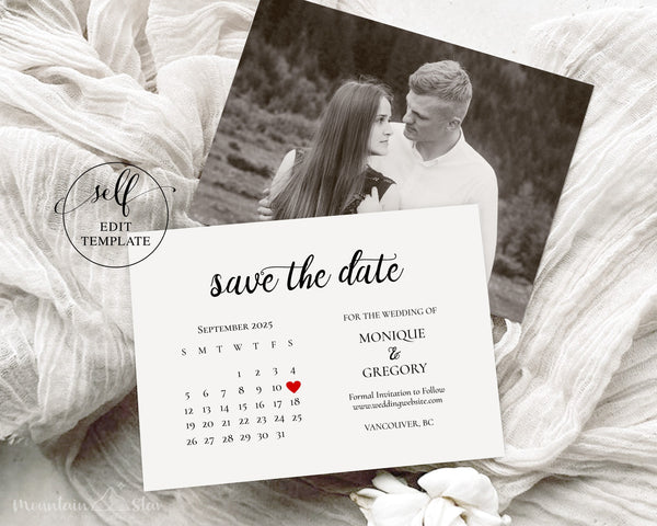 DIY ~ Save The Date, Calendar Heart, Self Print Template, Photocard Save the Date, Digital or Print Save the Date