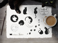 png • svg • dxf • eps → Cat Silhouettes, Outlines and Fill Version Clipart Graphics Set of 9 Elements (Free for commercial use included)